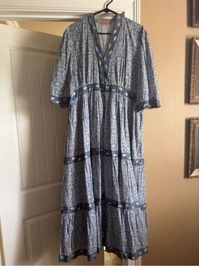 Oliphant Budapest Blue Maxi Dress with Gold Accents